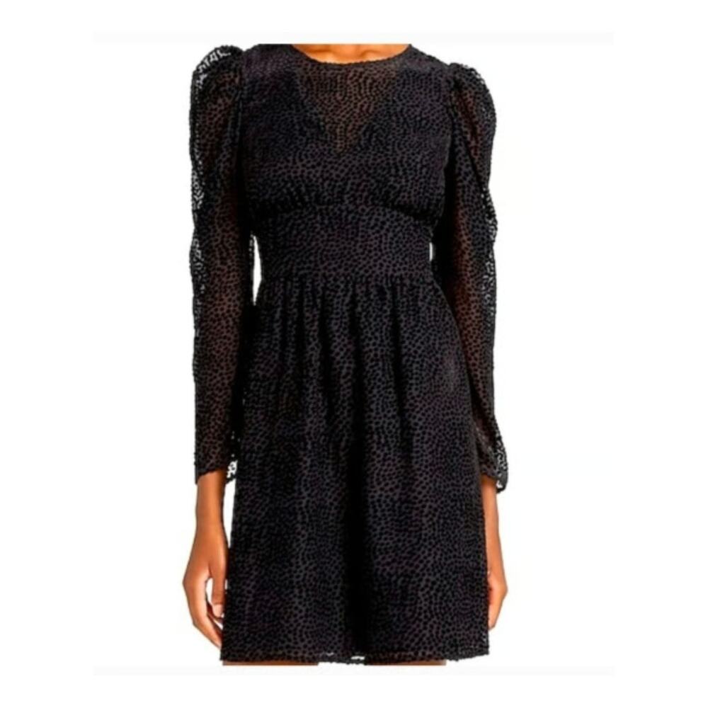 Express Velvet Burnout Dress L Black Mesh Dots Goth Whimsigoth Puff Sleeve Y2K